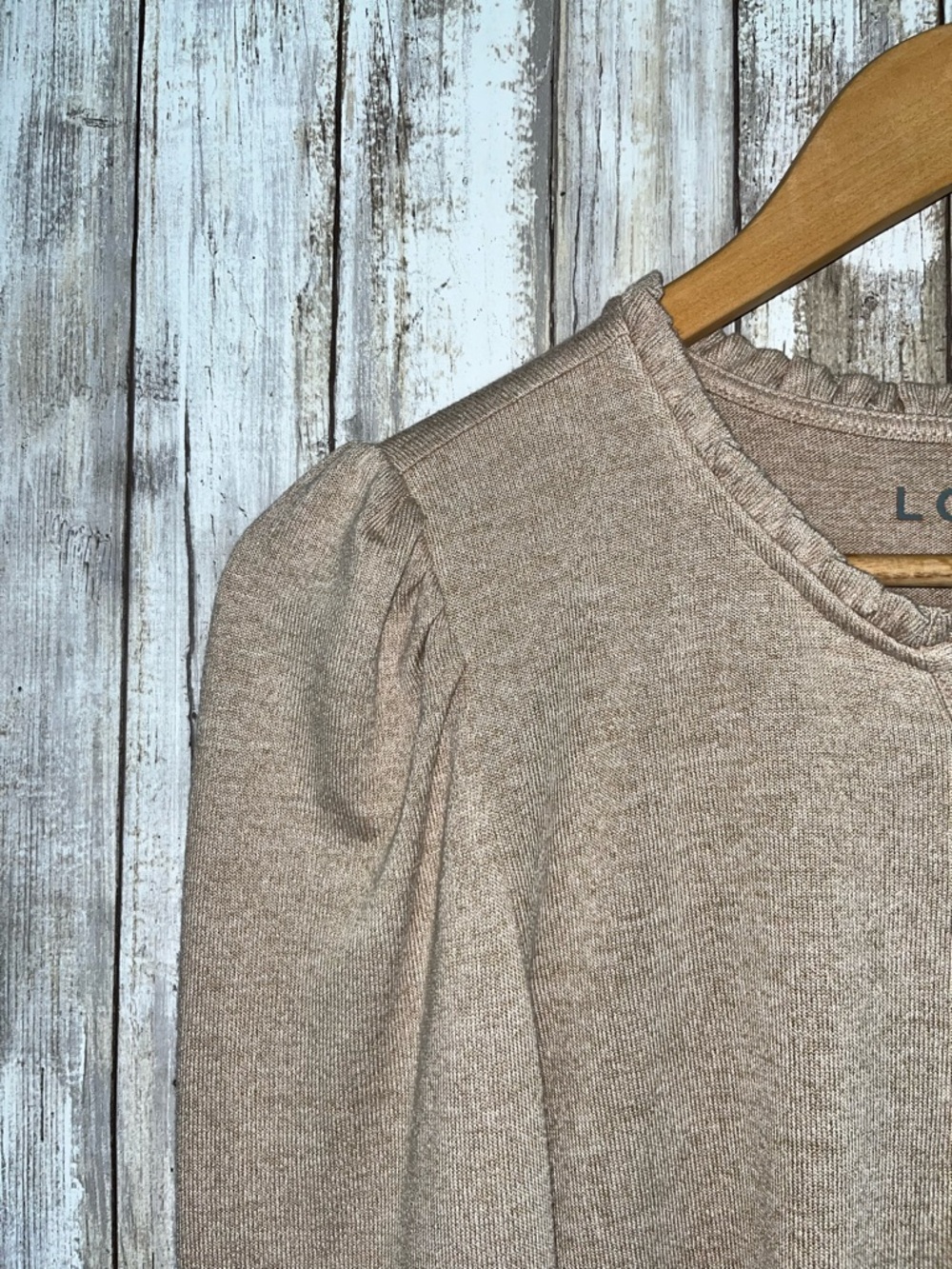 LOFT Beige Knit Top XS Ruffle Neck Henley Button Front Long Sleeve Soft Stretch - Picture 3 of 5
